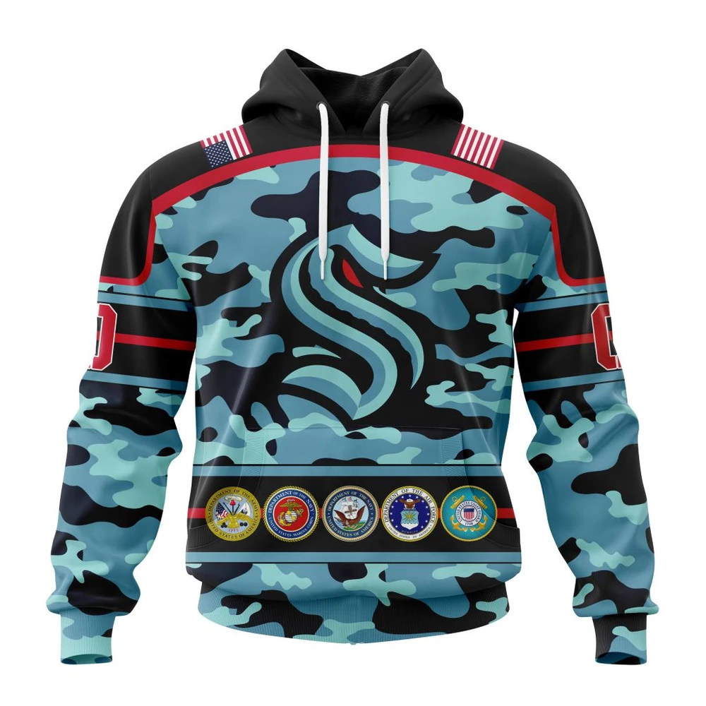 Hoodie NHL Seattle Kraken, Specialized Design Wih Camo Team Color And Military Force Logo QTNHL080524A3526HD