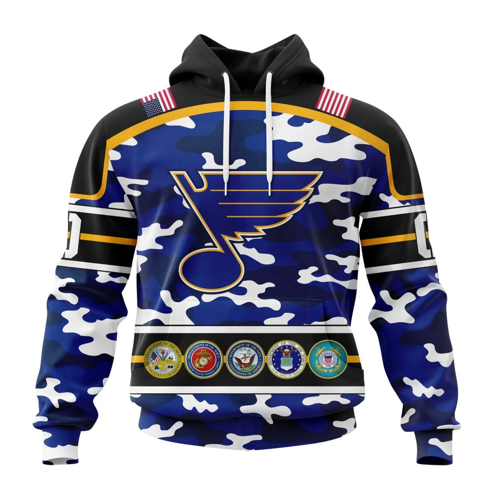 Hoodie NHL St. Louis Blues, Specialized Design Wih Camo Team Color And Military Force Logo QTNHL080524A3525HD