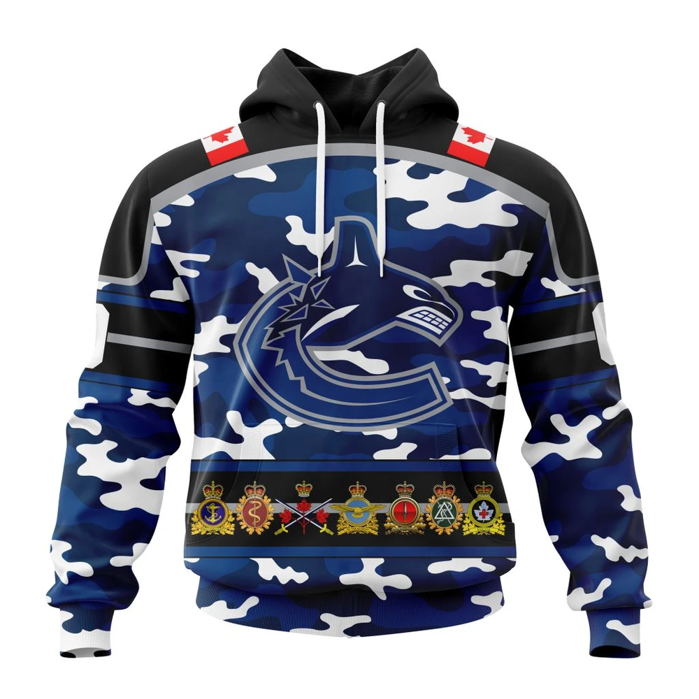 Hoodie NHL Vancouver Canucks, Specialized Design Wih Camo Team Color And Military Force Logo QTNHL080524A3522HD
