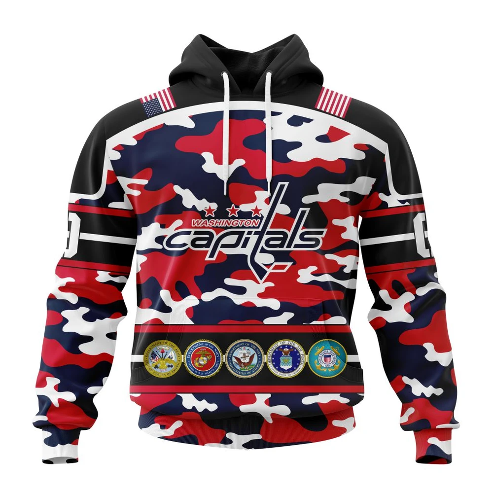 Hoodie NHL Washington Capitals, Specialized Design Wih Camo Team Color And Military Force Logo QTNHL080524A3520HD