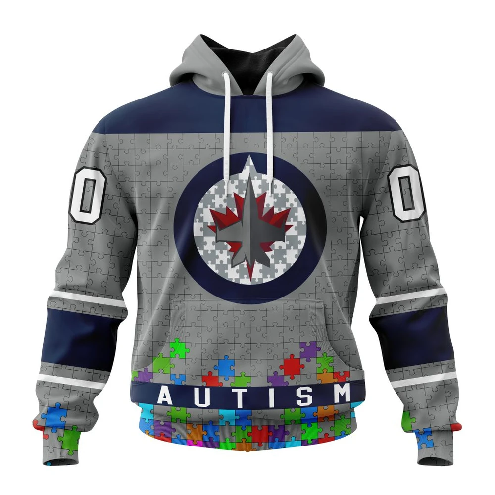 Hoodie NHL Winnipeg Jets, Specialized Unisex Kits Hockey Fights Against Autism QTNHL080524A2643HD