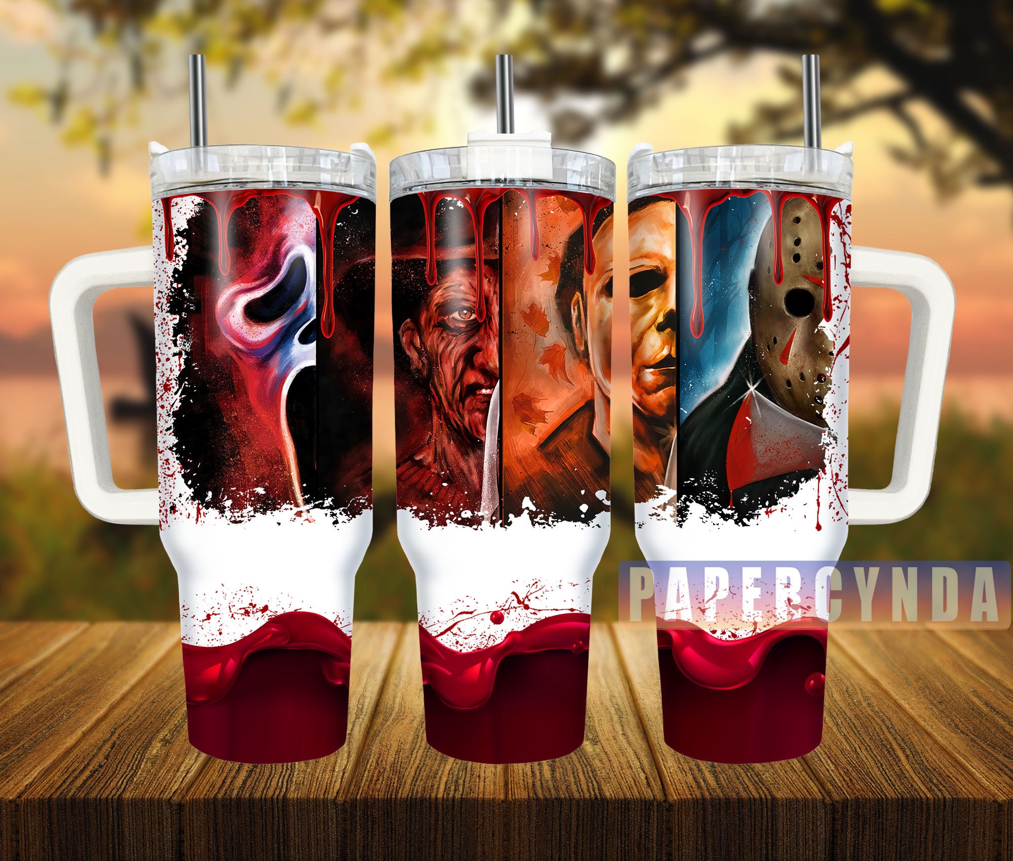 Horror Movie Fan Insulated Tumbler - Chilling Characters Design, 40oz