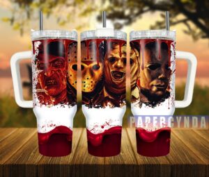 Horror Movie Icons Tumbler - Stainless Steel Travel Mug with Handle & Straw