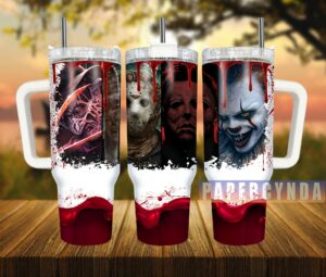 Horror Icon Insulated Tumbler with Handle - Spooky Drinkware for Fans
