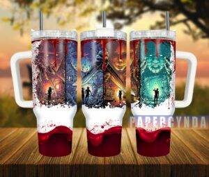 Horror-Themed Insulated Tumbler with Handle – Unique Graphic Design