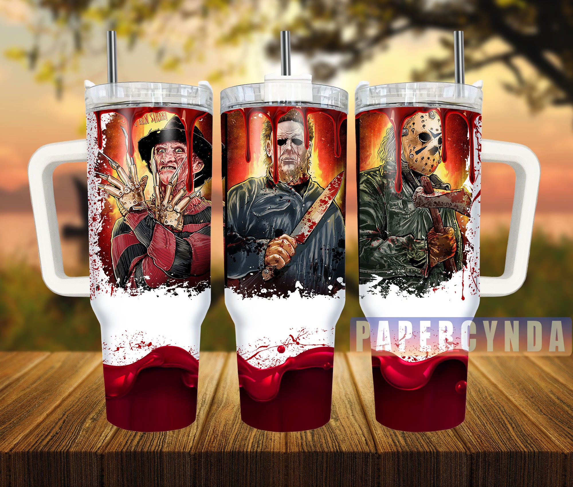 Horror Icons Tumbler - Freddy, Michael, Jason Design - Perfect for Halloween