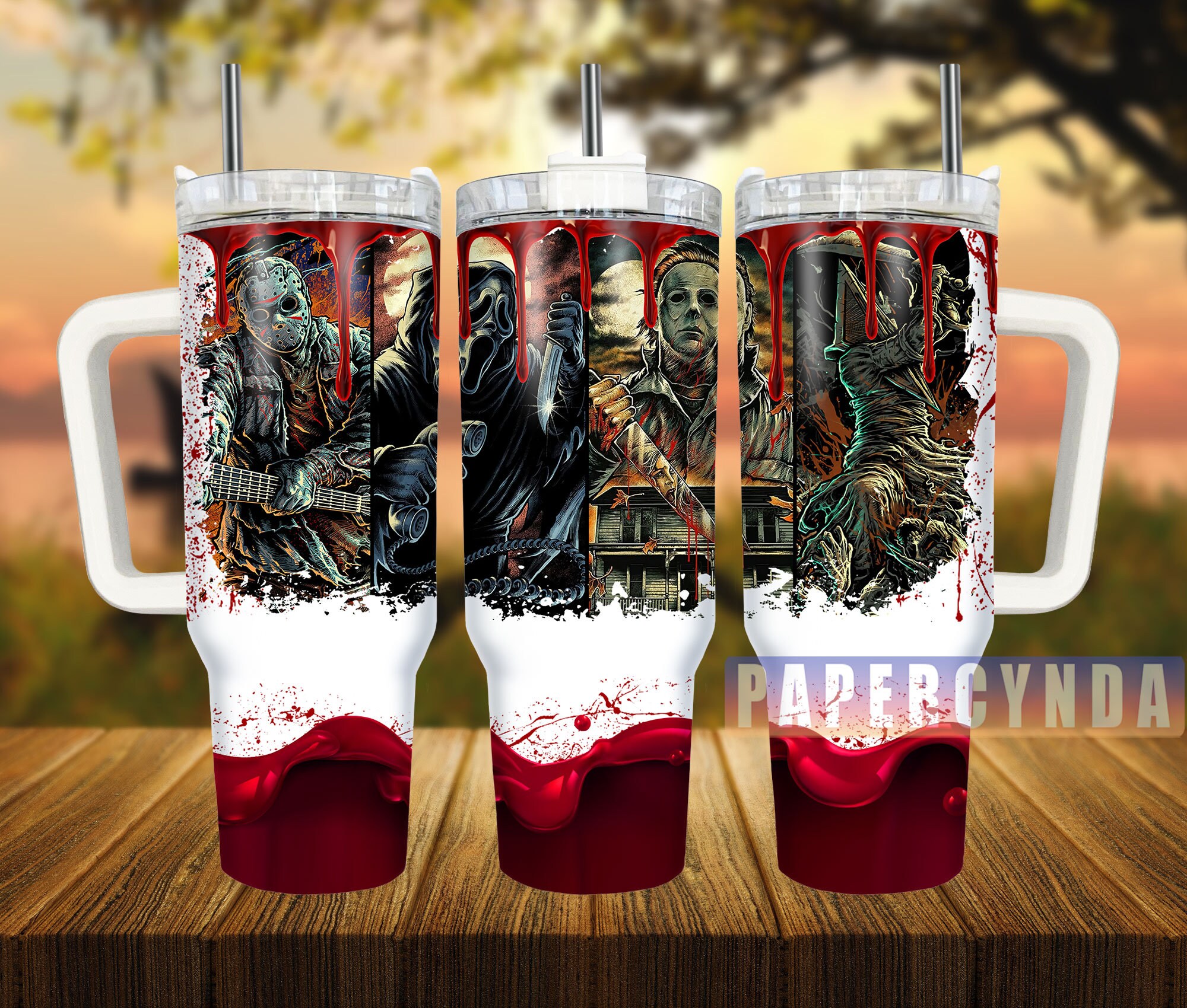 Horror Movie Icons Blood Drip Tumbler with Handle - Perfect for Fans