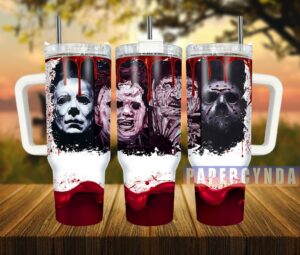 Spooky Horror Icon Tumbler with Handle - Perfect for Halloween Fans