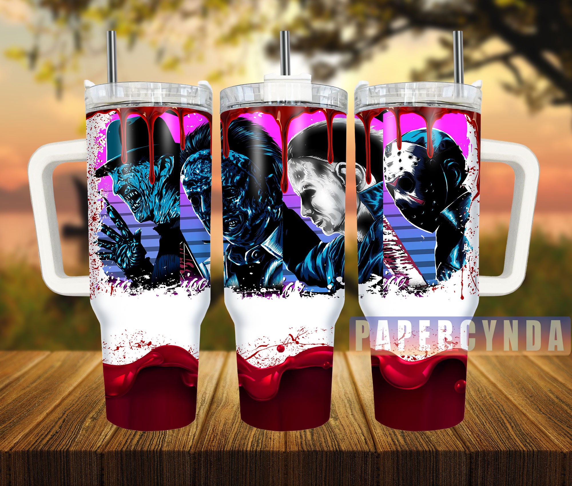 Horror Movie Villains Tumbler - Insulated Travel Mug with Straw & Handle