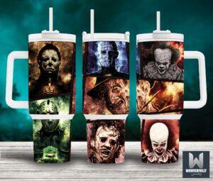 Horror Legends Insulated Tumbler with Handle - Scary Movie Icons Design