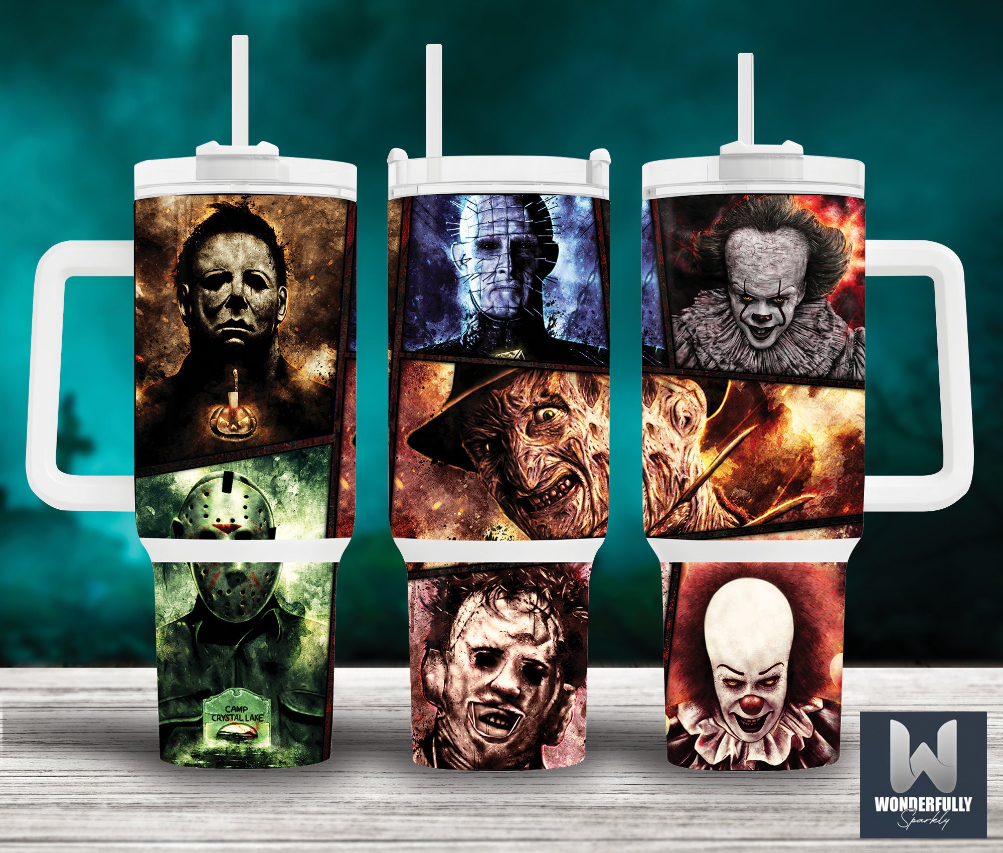 Horror Legends Insulated Tumbler with Handle - Scary Movie Icons Design