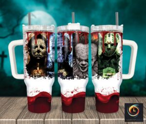 Horror Movie Icon Tumbler - Spooky Design with Handle & Straw