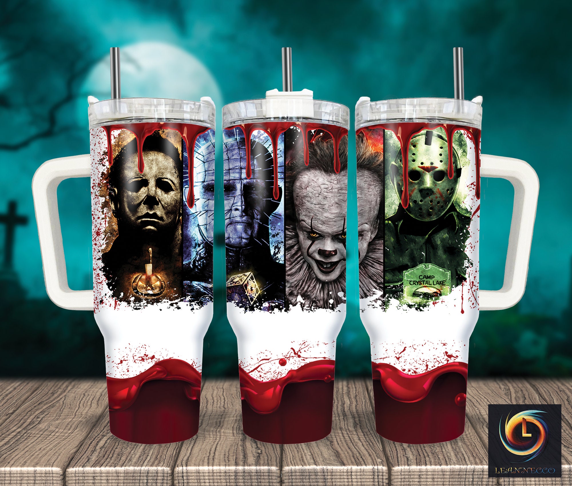 Horror Movie Icon Tumbler - Spooky Design with Handle & Straw