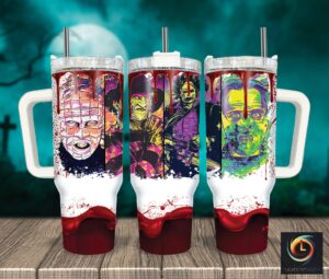 Spooky Horror Icon Tumbler - Insulated Stainless Steel Mug with Handle