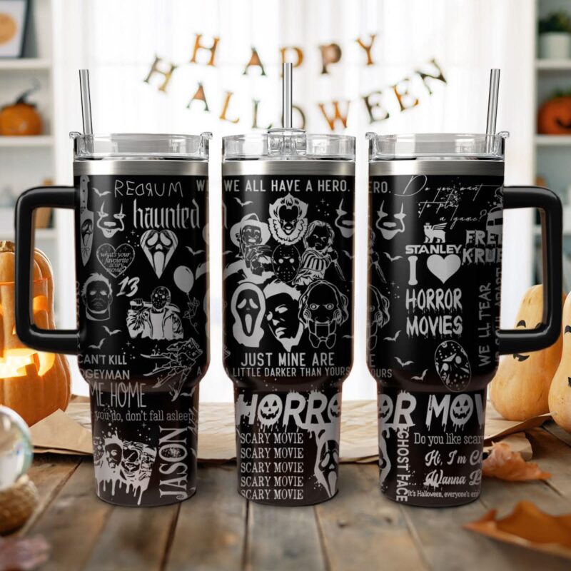 Horror Characters Movies Custom Stanley Quencher 40oz Stainless Steel Tumbler With Handle - Threewoofs