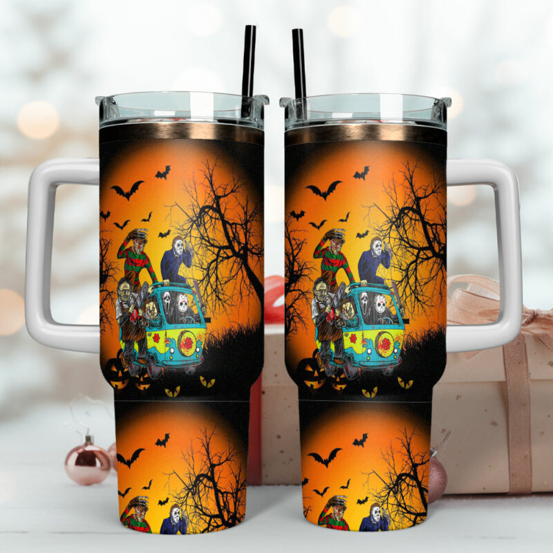 Horror Characters Movies Custom Stanley Quencher 40oz Stainless Steel Tumbler With Handle - Threewoofs - Image 4