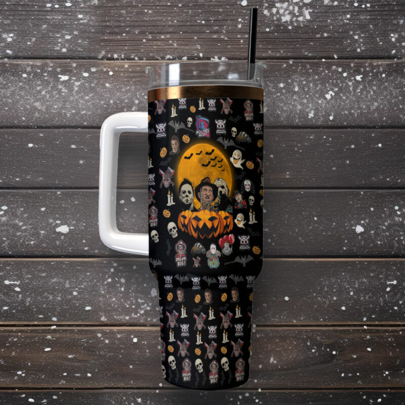 Horror Characters Movies Custom Stanley Quencher 40oz Stainless Steel Tumbler With Handle - Threewoofs - Image 2