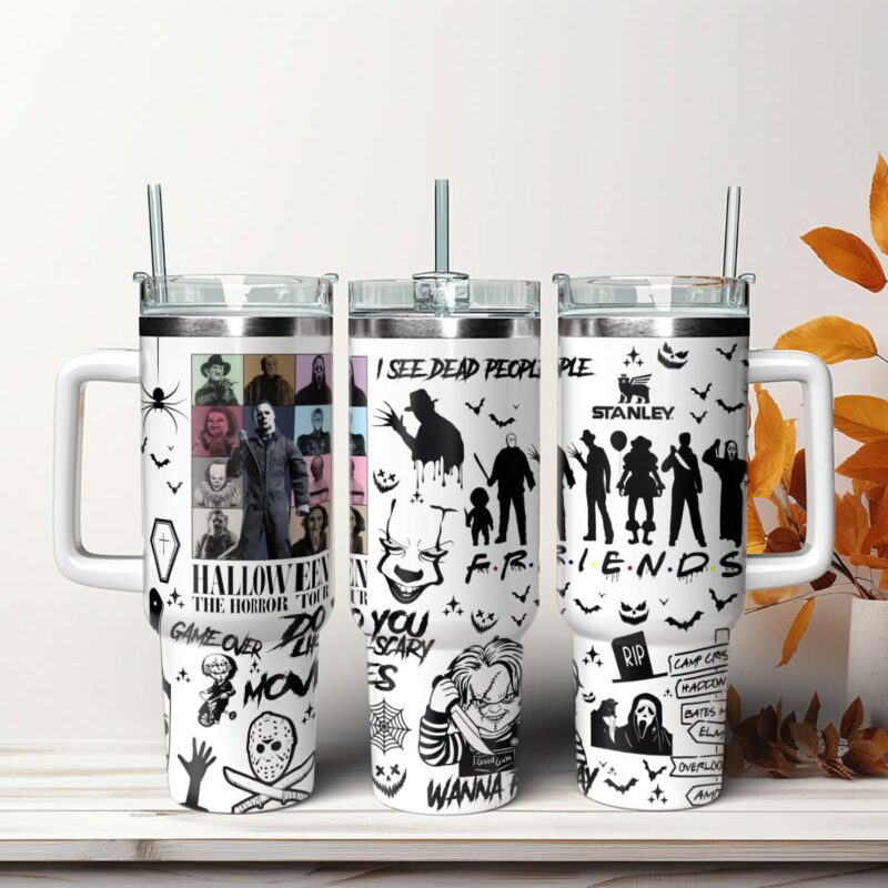 Horror Characters Movies Custom Stanley Quencher 40oz Stainless Steel Tumbler With Handle - Threewoofs