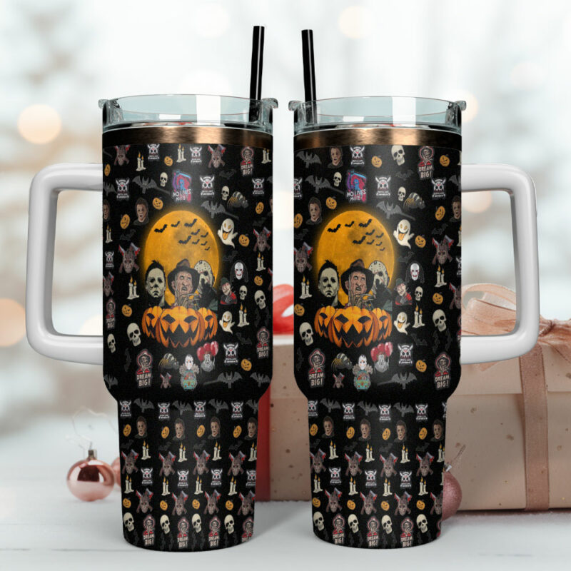 Horror Characters Movies Custom Stanley Quencher 40oz Stainless Steel Tumbler With Handle - Threewoofs - Image 4