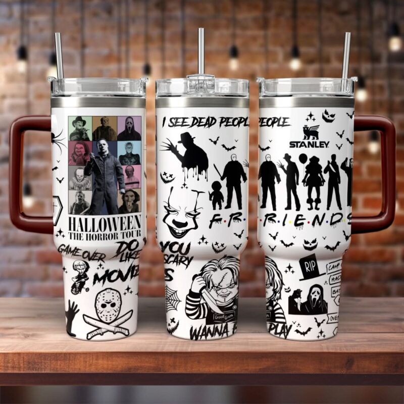 Horror Characters Movies Custom Stanley Quencher 40oz Stainless Steel Tumbler With Handle - Threewoofs - Image 2