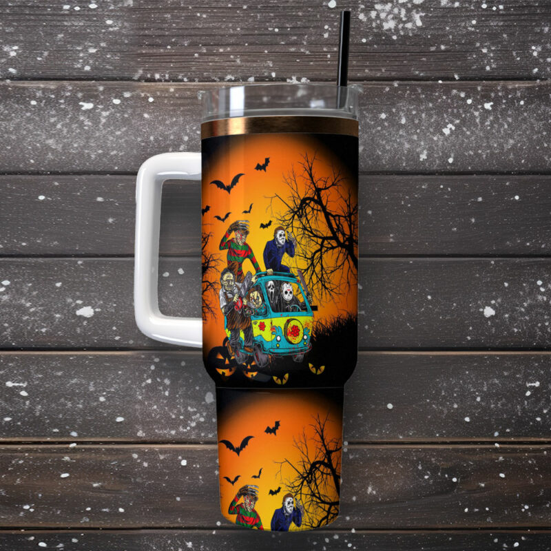 Horror Characters Movies Custom Stanley Quencher 40oz Stainless Steel Tumbler With Handle - Threewoofs - Image 2