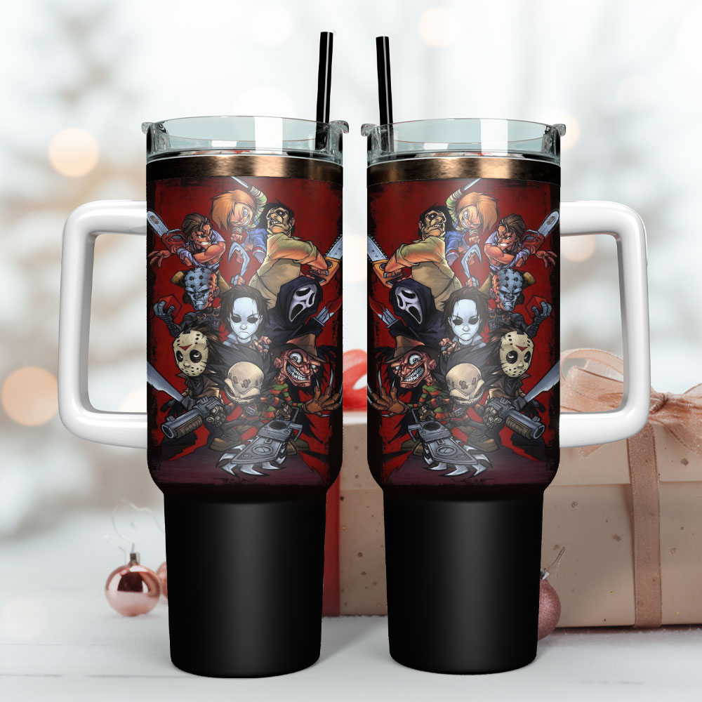 Horror Movie Characters Insulated Tumbler with Handle - 40oz Stainless Steel Travel Mug - Image 3