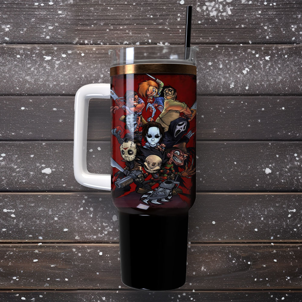 Horror Movie Characters Insulated Tumbler with Handle - 40oz Stainless Steel Travel Mug - Image 4