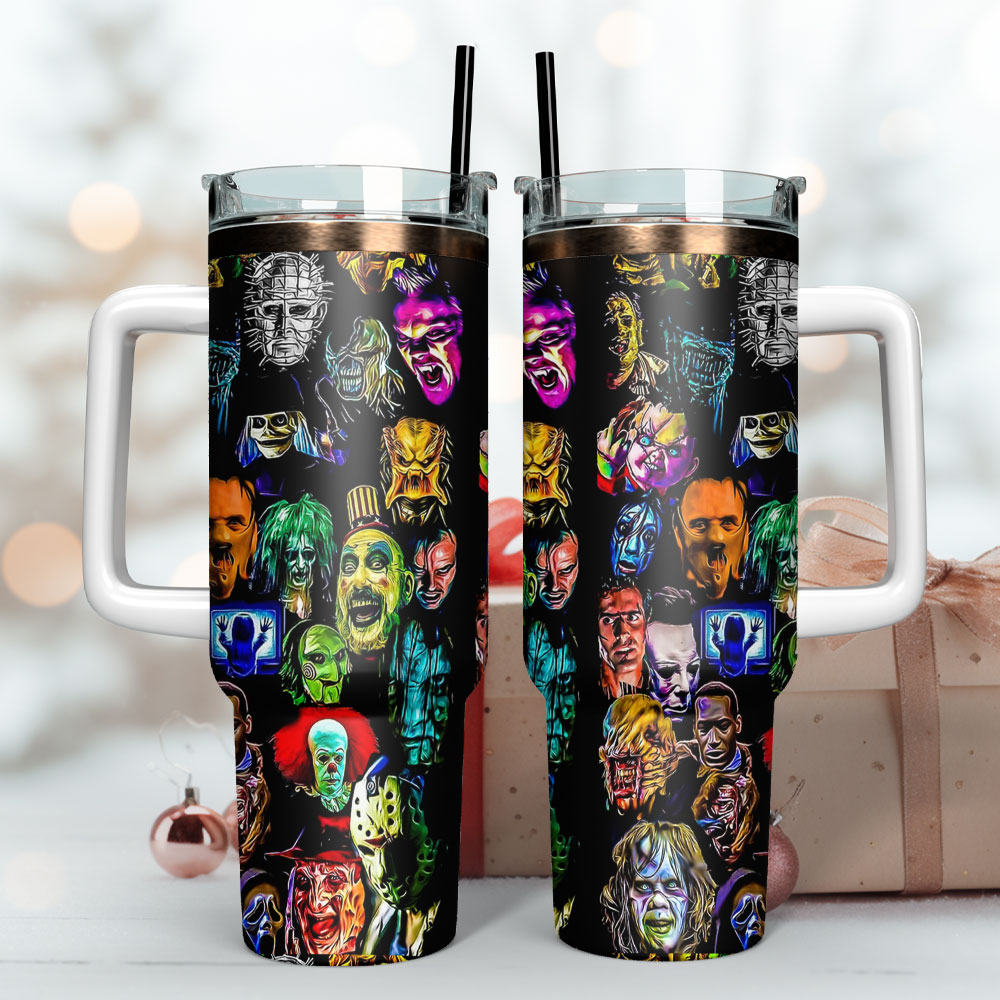 Horror Icon Tumbler – Spooky Travel Mug with Handle & Straw - Image 3