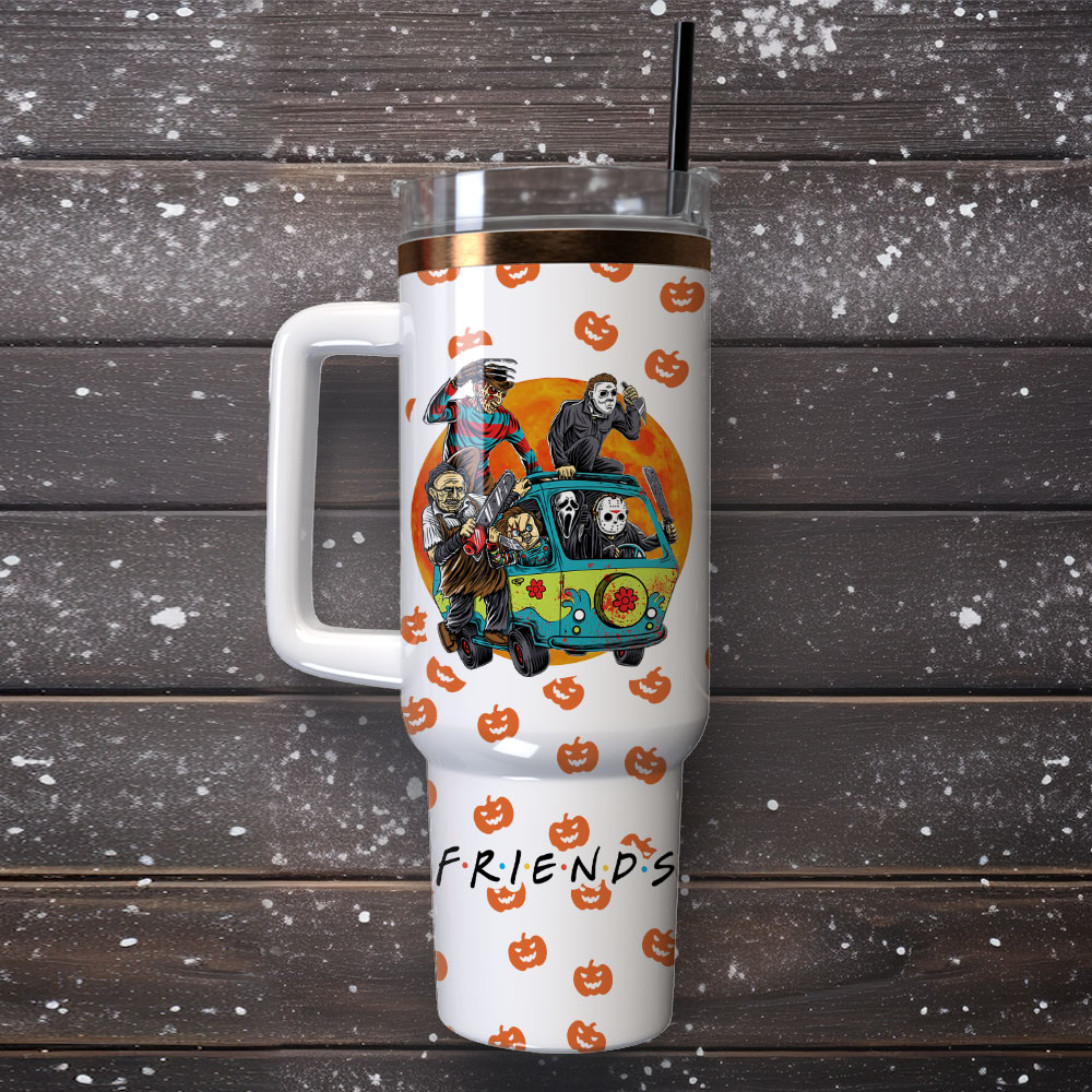 Halloween Horror Friends Tumbler With Handle - Spooky Pumpkin Design - Image 4