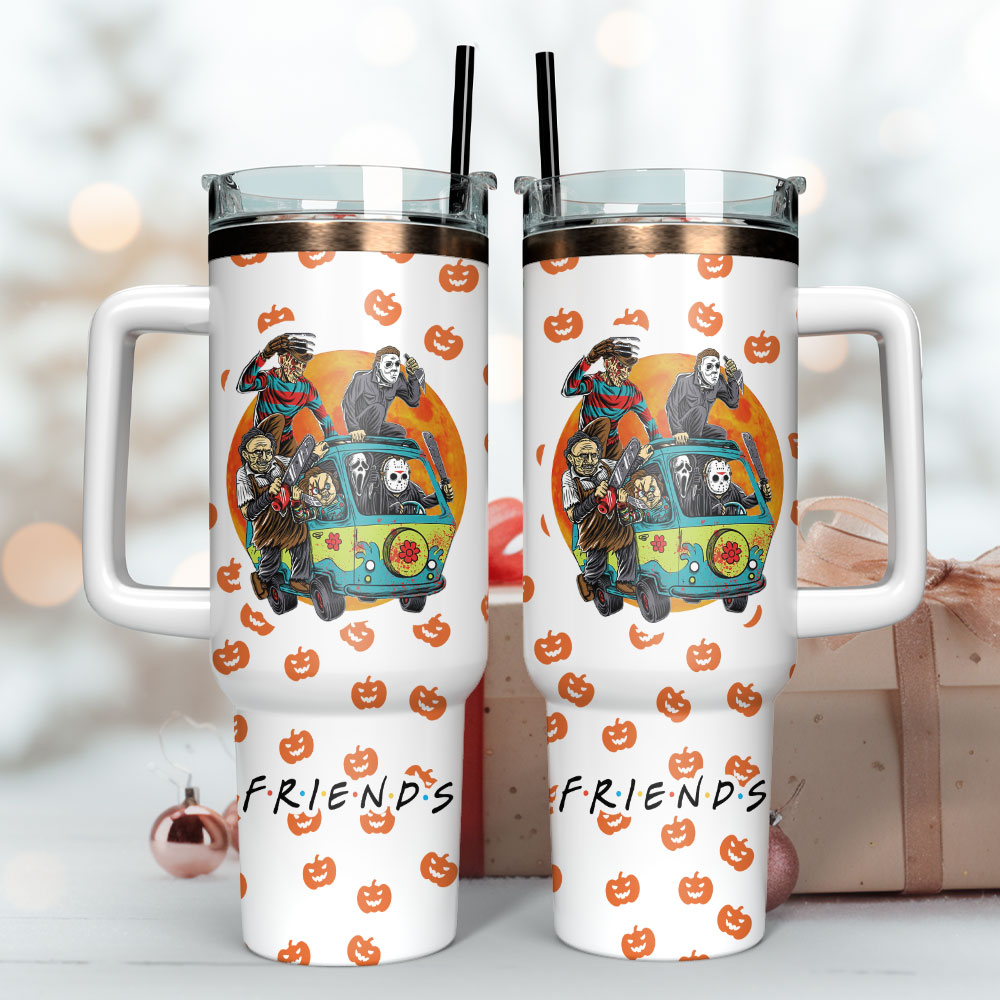 Halloween Horror Friends Tumbler With Handle - Spooky Pumpkin Design - Image 3