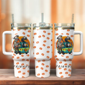 Halloween Horror Friends Tumbler With Handle - Spooky Pumpkin Design