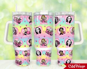 Horror Icons Tumbler - Colorful Retro Design with Straw & Handle