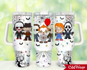 Spooky Characters Tumbler with Handle - Halloween Horror Movie Design