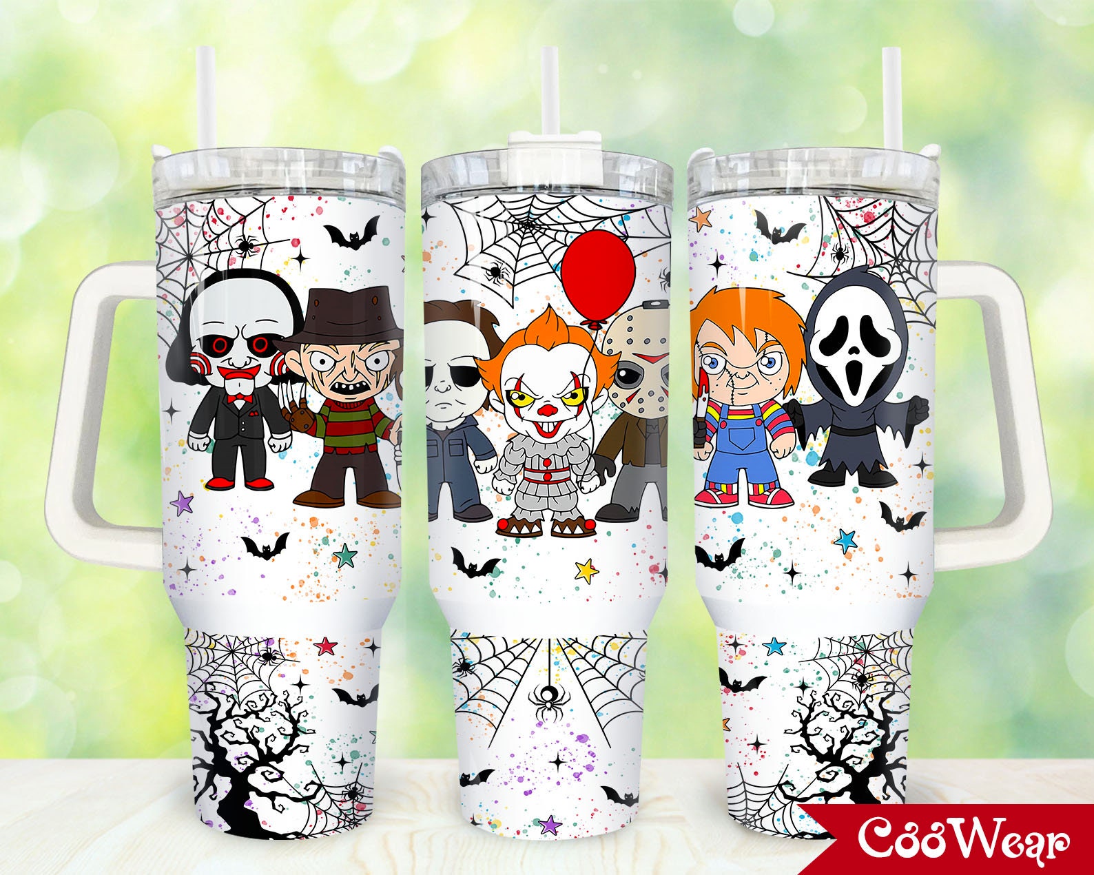 Spooky Characters Tumbler with Handle - Halloween Horror Movie Design