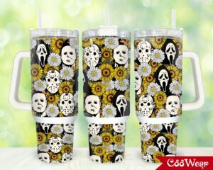 Horror Icons Floral Tumbler - Double-Walled, Insulated, With Straw & Handle
