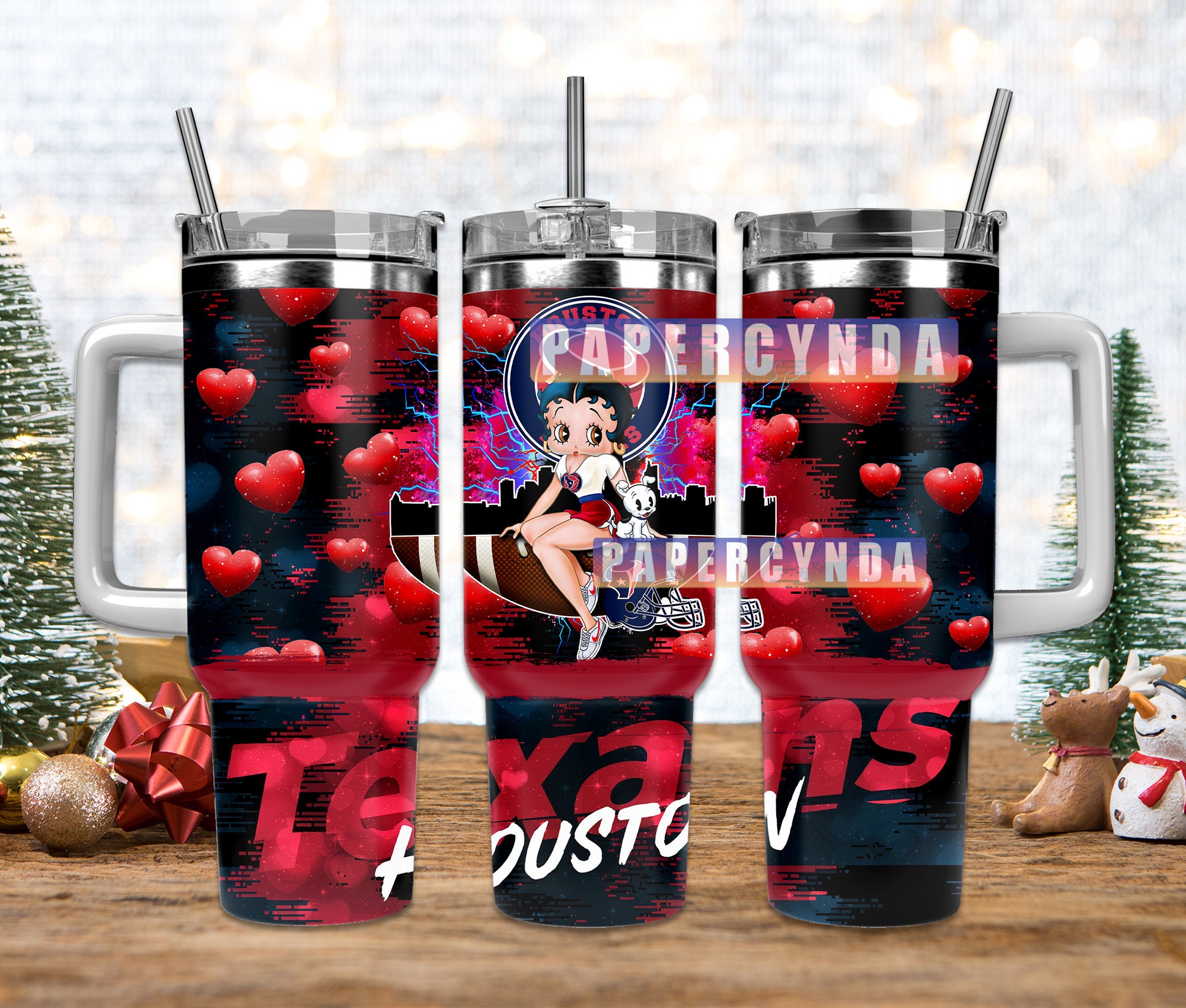 Houston Texans Heart Tumbler with Straw - Cute Cartoon Design