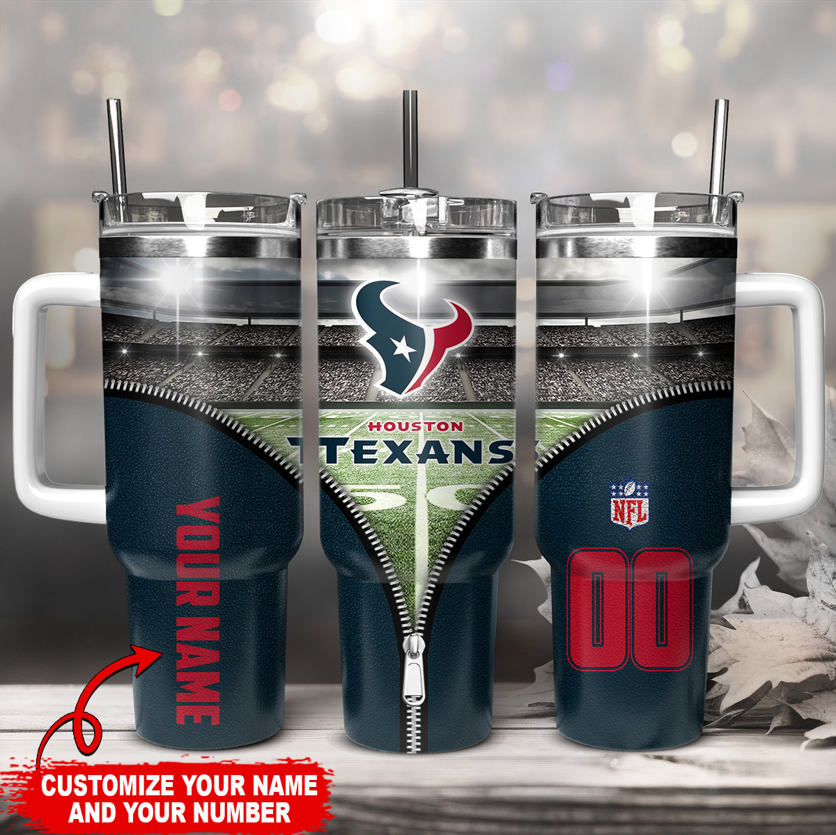 Personalized Houston Fan Tumbler – Custom Name & Number – NFL Game Day Essential