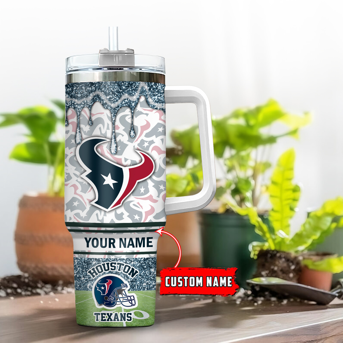 Custom Name Houston Texans Glitter Mug with Handle - Personalized Football Fan Gift