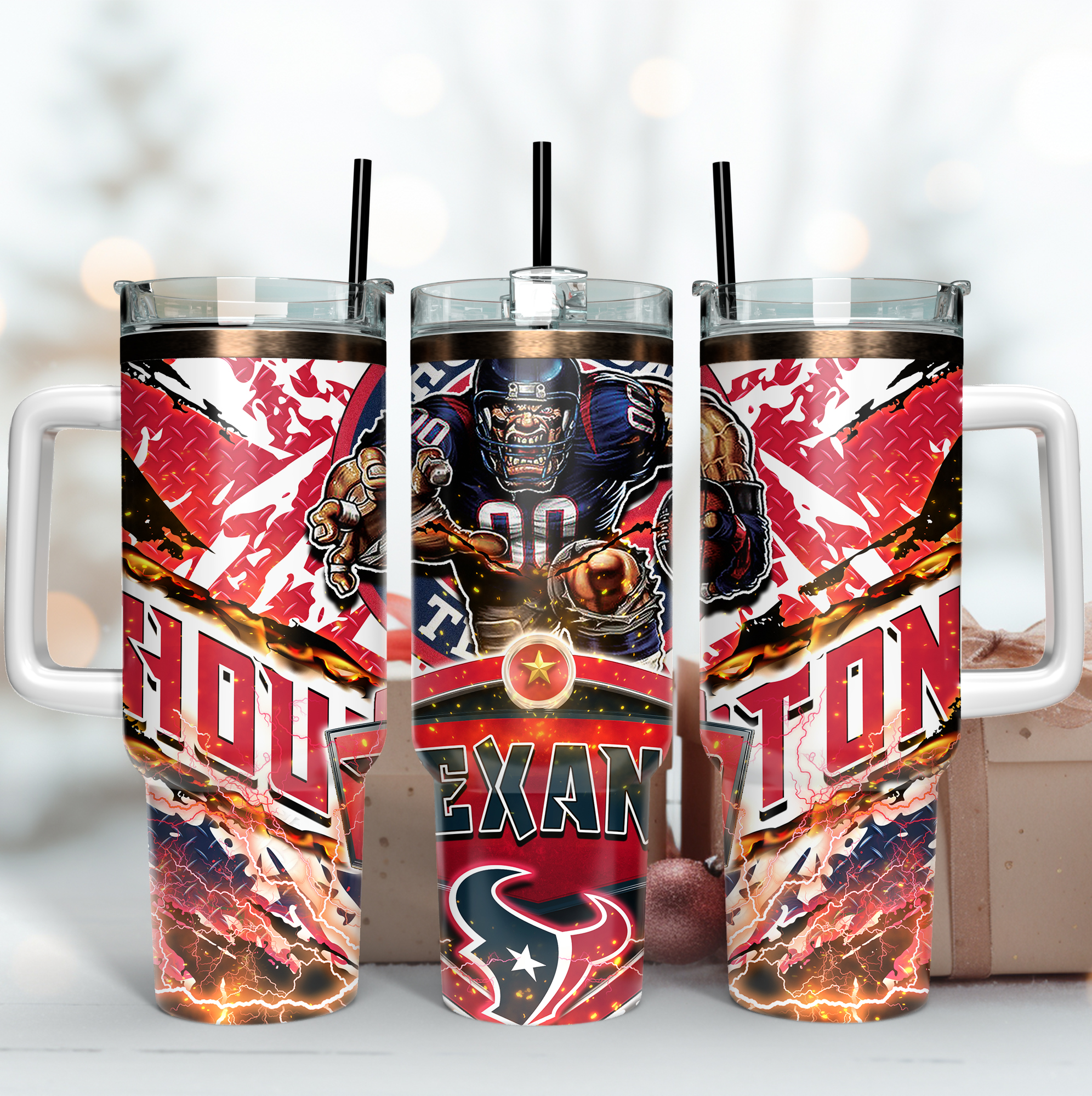 Houston Football Team Fan Tumbler - Insulated Travel Mug with Straw & Handle