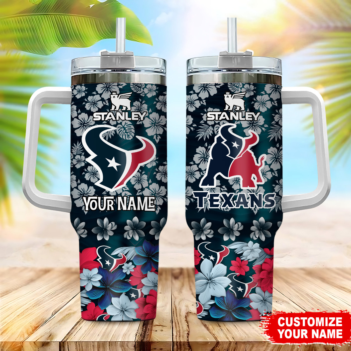 Customizable Stanley Tumbler - Floral Texans Design with Personalized Name