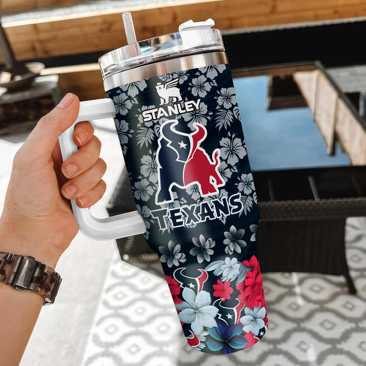 Customizable Stanley Tumbler - Floral Texans Design with Personalized Name - Image 3