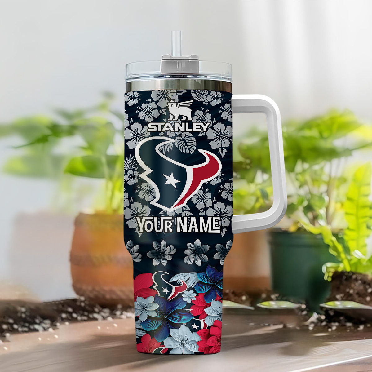 Customizable Stanley Tumbler - Floral Texans Design with Personalized Name - Image 2