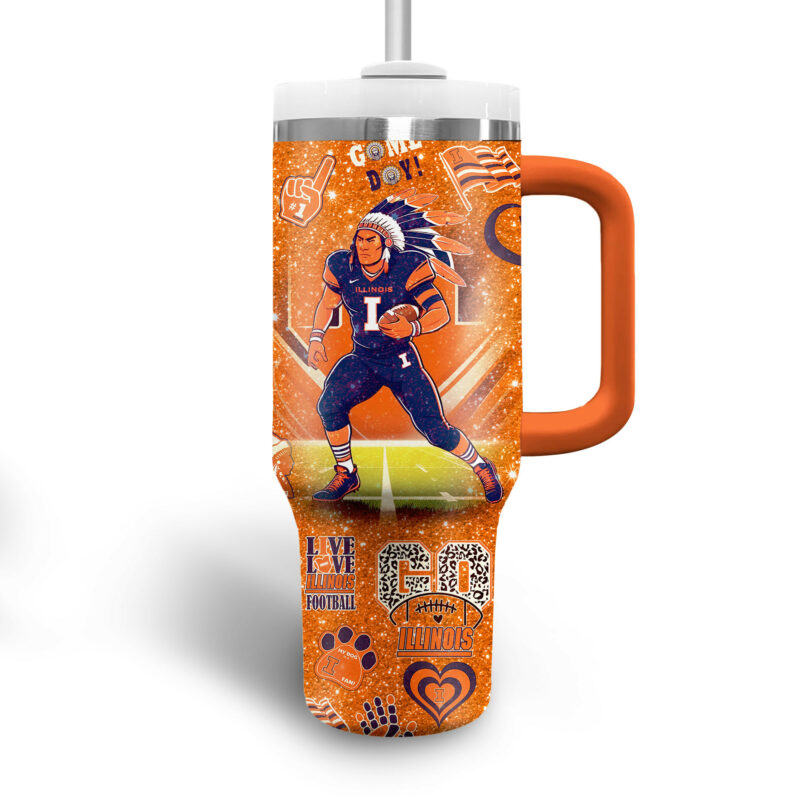 Illinois Fighting Illini NCAA Sports Custom Stanley Quencher 40oz Stainless Steel Tumbler With Handle - Threewoofs - Image 3