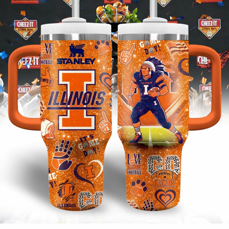 Illinois Fighting Illini NCAA Sports Custom Stanley Quencher 40oz Stainless Steel Tumbler With Handle - Threewoofs