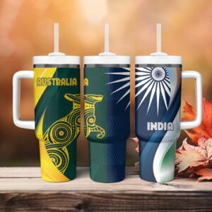 India and Australia Cricket Special Half-Half Mix Custom Stanley Quencher 40oz Stainless Steel Tumbler With Handle - Threewoofs