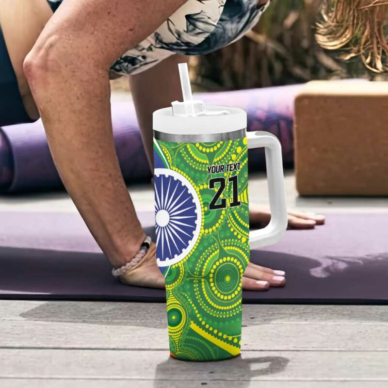India Vs Australian Cricket Ashoka Chakra and Aboriginal Together Custom Stanley Quencher 40oz Stainless Steel Tumbler With Handle - Threewoofs - Image 6