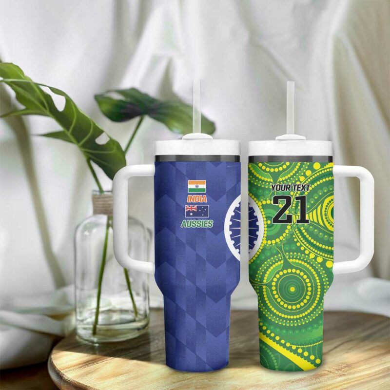 India Vs Australian Cricket Ashoka Chakra and Aboriginal Together Custom Stanley Quencher 40oz Stainless Steel Tumbler With Handle - Threewoofs - Image 9