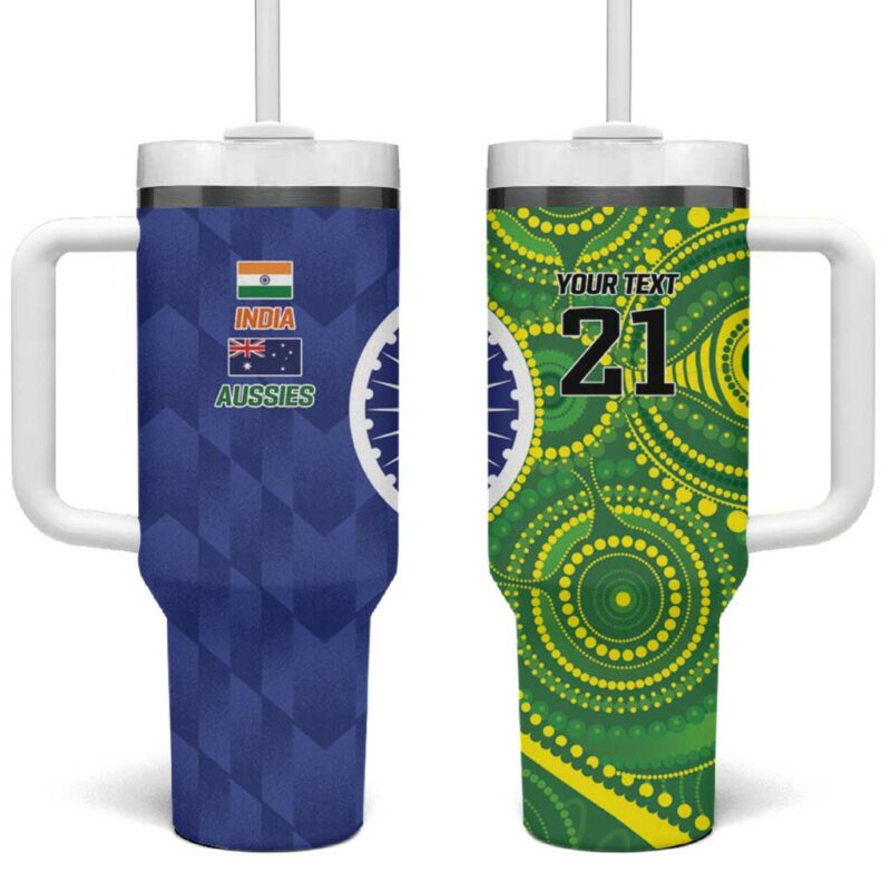 India Vs Australian Cricket Ashoka Chakra and Aboriginal Together Custom Stanley Quencher 40oz Stainless Steel Tumbler With Handle - Threewoofs - Image 2