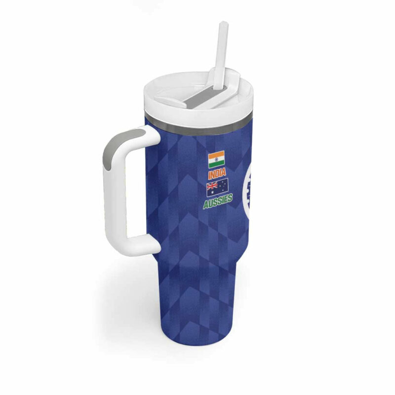 India Vs Australian Cricket Ashoka Chakra and Aboriginal Together Custom Stanley Quencher 40oz Stainless Steel Tumbler With Handle - Threewoofs - Image 3