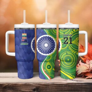 India Vs Australian Cricket Ashoka Chakra and Aboriginal Together Custom Stanley Quencher 40oz Stainless Steel Tumbler With Handle - Threewoofs